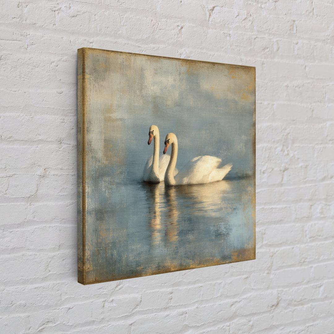 Romantic Swan Pair on Dark Water Framed Canvas Print, Master Bedroom, Living Room Prints, Bedroom Decor, Fine Art, Sanctuary, MAS-1x1-39
