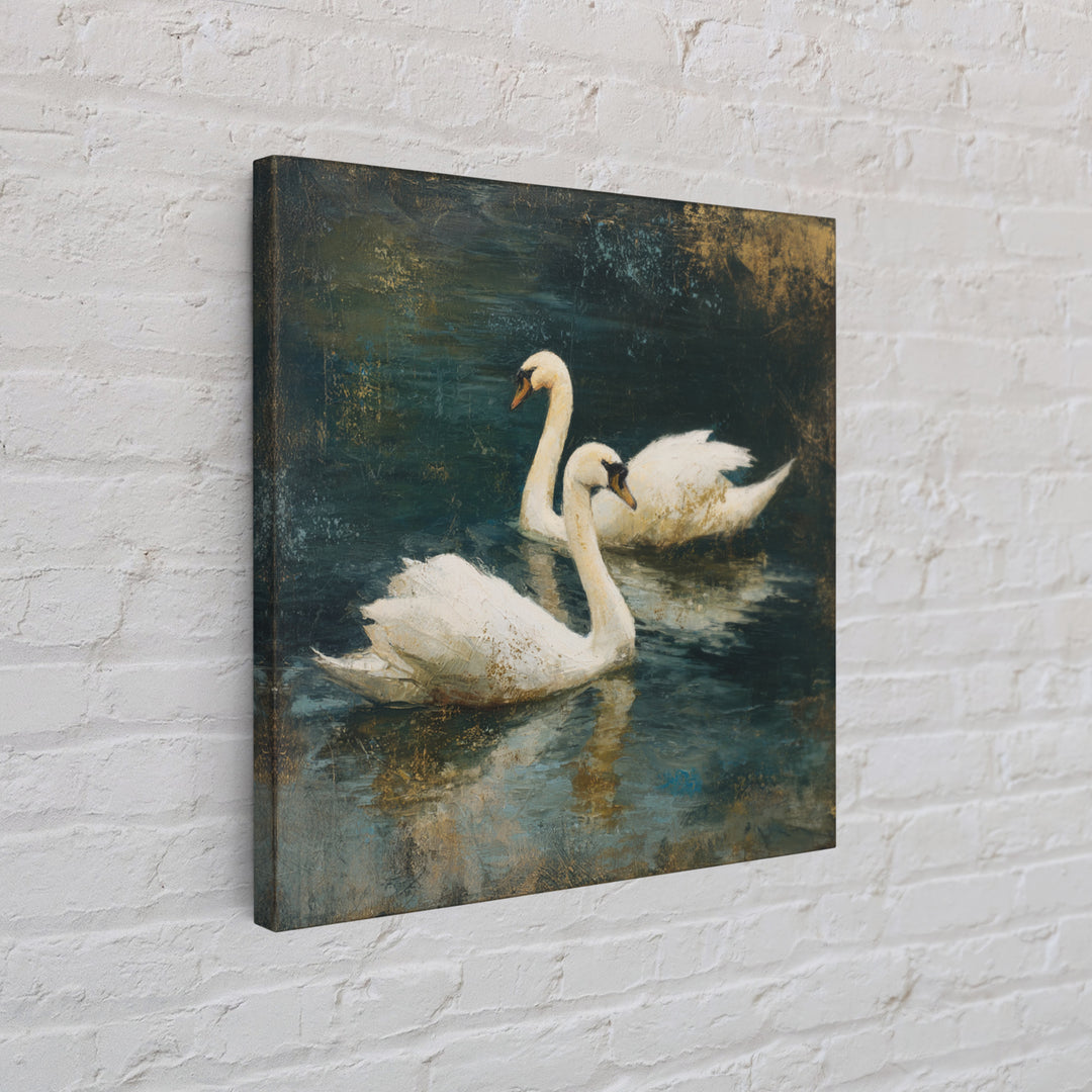 Romantic Swan Pair on Dark Water Framed Canvas Print, Master Bedroom, Neutral Decor, Bedroom Decor, Fine Art, Sanctuary, MAS-1x1-63