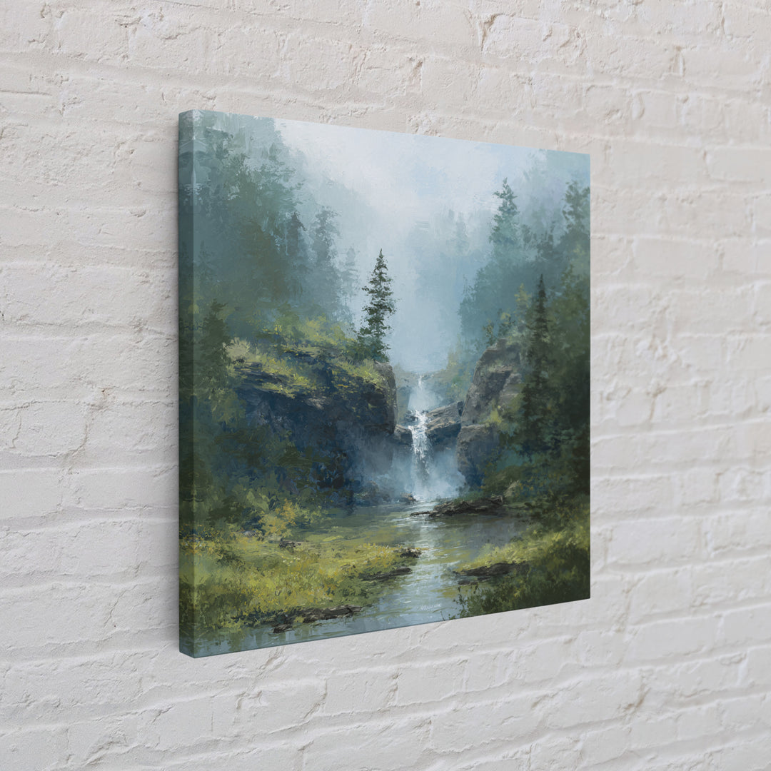 Peaceful Waterfall in Misty Green Forest Framed Canvas Print, Master Bedroom, Modern Decor, Bedroom Decor, Fine Art, Sanctuary, MAS-1x1-67