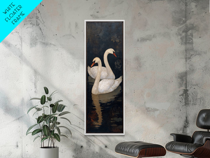 Romantic Swan Pair on Dark Water Framed Canvas Print, Master Bedroom, Wall Decal, Bedroom Decor, Watercolor Art, Sanctuary, MAS-1x3-3