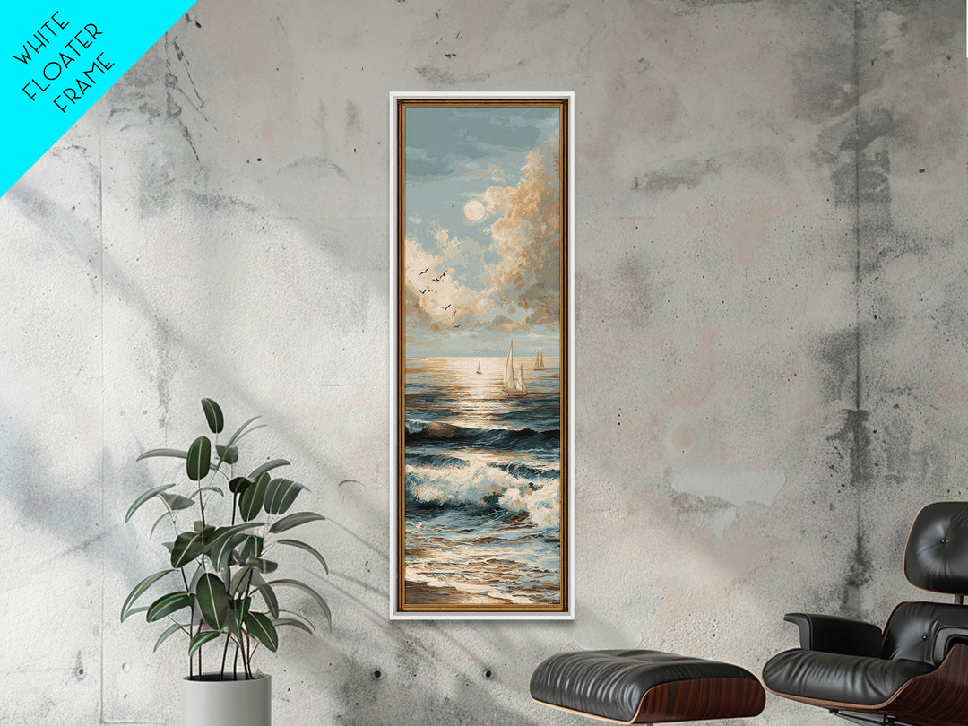 Elegant Moonlit Ocean Horizon Canvas Print, Master Bedroom, Minimalist Decor, Bedroom Decor, Oil Painting, Sanctuary, MAS-1x3-37