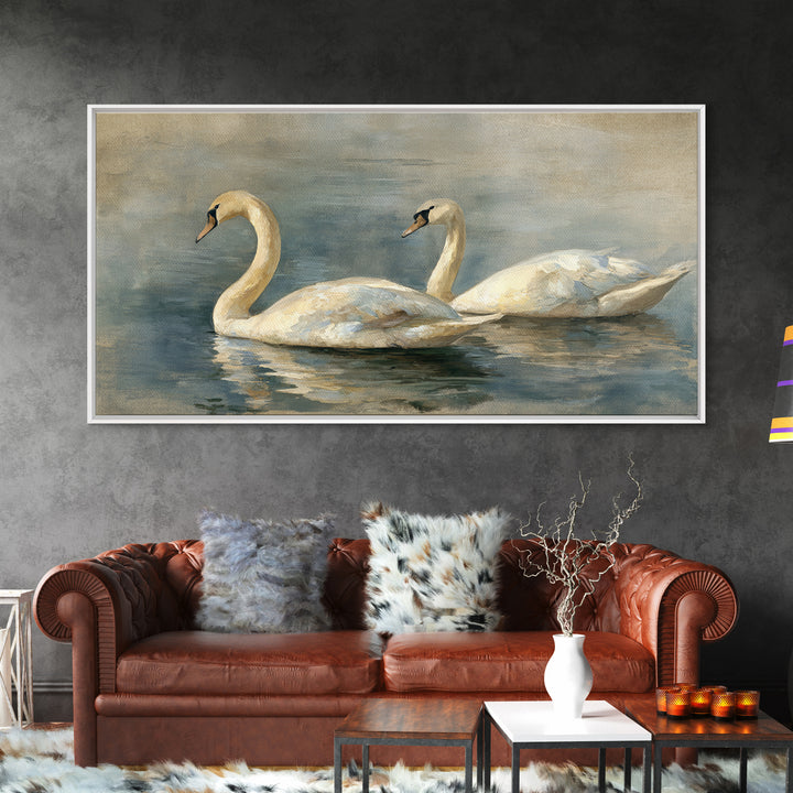 Romantic Swan Pair on Dark Water Framed Canvas Print, Master Bedroom, Living Room Prints, Bedroom Decor, Fine Art, Sanctuary, MAS-2x1-11