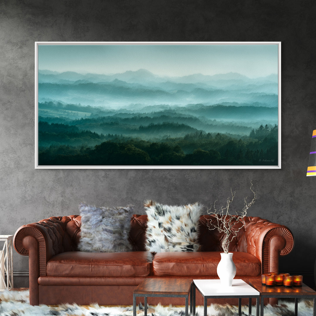 Calm Misty Forest Panorama Framed Canvas Print, Master Bedroom, Minimalist Decor, Bedroom Decor, Oil Painting, Sanctuary, MAS-2x1-24