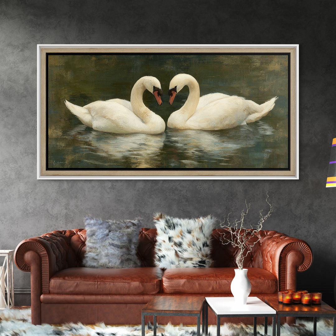 Romantic Swan Pair on Dark Water Framed Canvas Print, Master Bedroom, Wall Art, Bedroom Decor, Oil Painting, Sanctuary, MAS-2x1-35