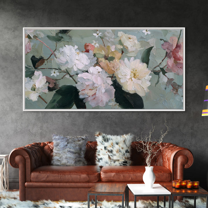 Night Garden with Pale Flowers and Stars Framed Canvas Print, Master Bedroom, Bedroom Decor, Oil Painting, Sanctuary, MAS-2x1-43