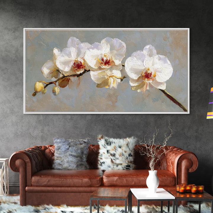 White Orchids Against Warm Gray Background Canvas Print, Master Bedroom, Farmhouse Wall Decor, Bedroom Decor, Oil Painting, MAS-2x1-53