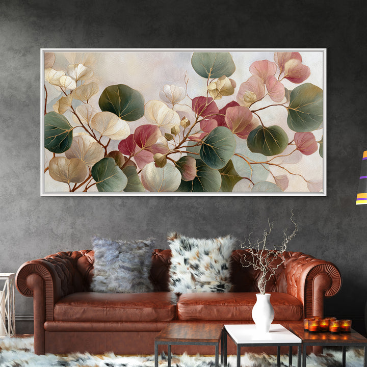 Gentle Eucalyptus Watercolor Branches Framed Canvas Print, Master Bedroom, Large Wall Art, Bedroom Decor, Fine Art, Sanctuary, MAS-2x1-56