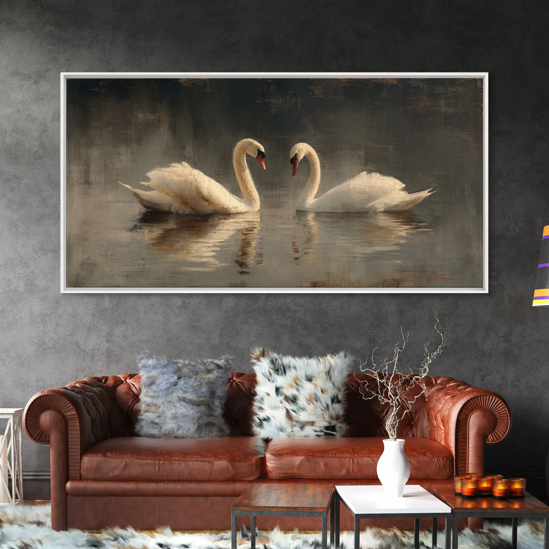 Romantic Swan Pair on Dark Water Framed Canvas Print, Master Bedroom, Bedroom, Bedroom Decor, Watercolor Art, Sanctuary, MAS-2x1-59