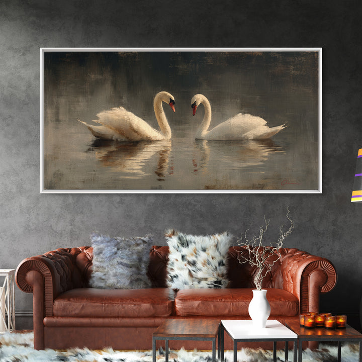 Romantic Swan Pair on Dark Water Framed Canvas Print, Master Bedroom, Bedroom, Bedroom Decor, Watercolor Art, Sanctuary, MAS-2x1-59