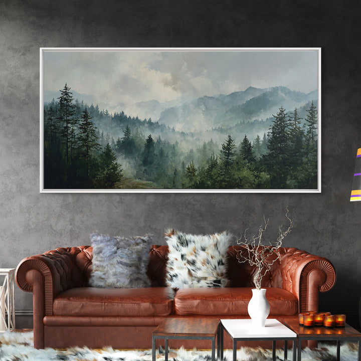 Calm Misty Forest Panorama Framed Canvas Print, Master Bedroom, Printable Art, Bedroom Decor, Sanctuary, Wall Art Bedroom, MAS-2x1-72