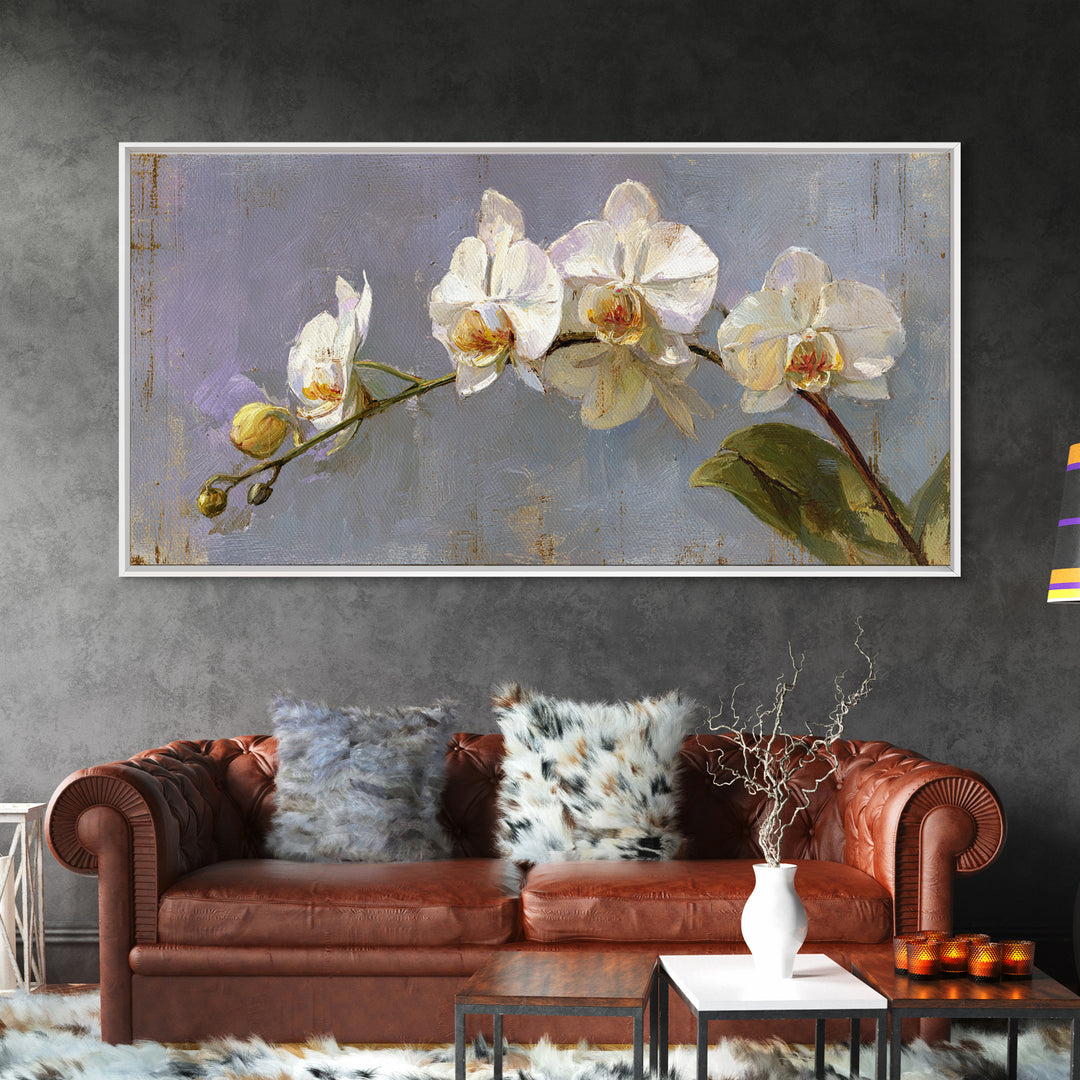 White Orchids Against Warm Gray Background Canvas Print, Master Bedroom, Farmhouse Wall Decor, Bedroom Decor, Oil Painting, MAS-2x1-77