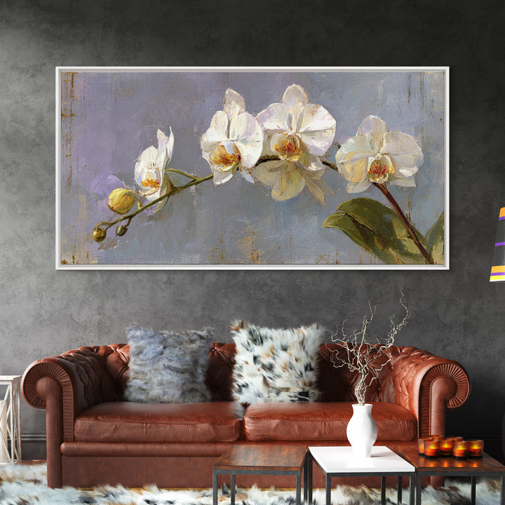 White Orchids Against Warm Gray Background Canvas Print, Master Bedroom, Farmhouse Wall Decor, Bedroom Decor, Oil Painting, MAS-2x1-77