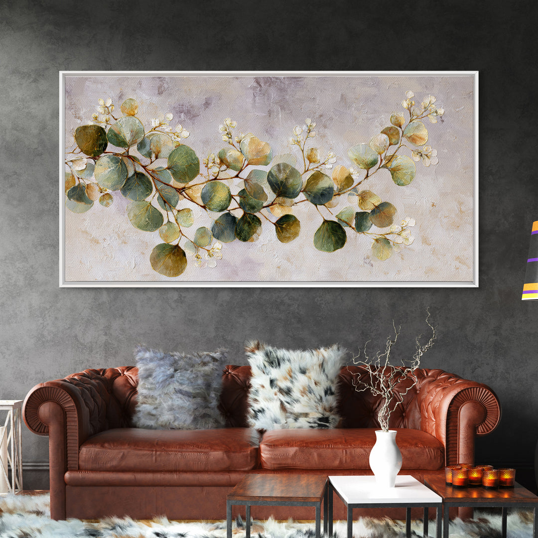 Gentle Eucalyptus Watercolor Branches Framed Canvas Print, Master Bedroom, Farmhouse Wall Art, Bedroom Decor, Oil Painting, MAS-2x1-80