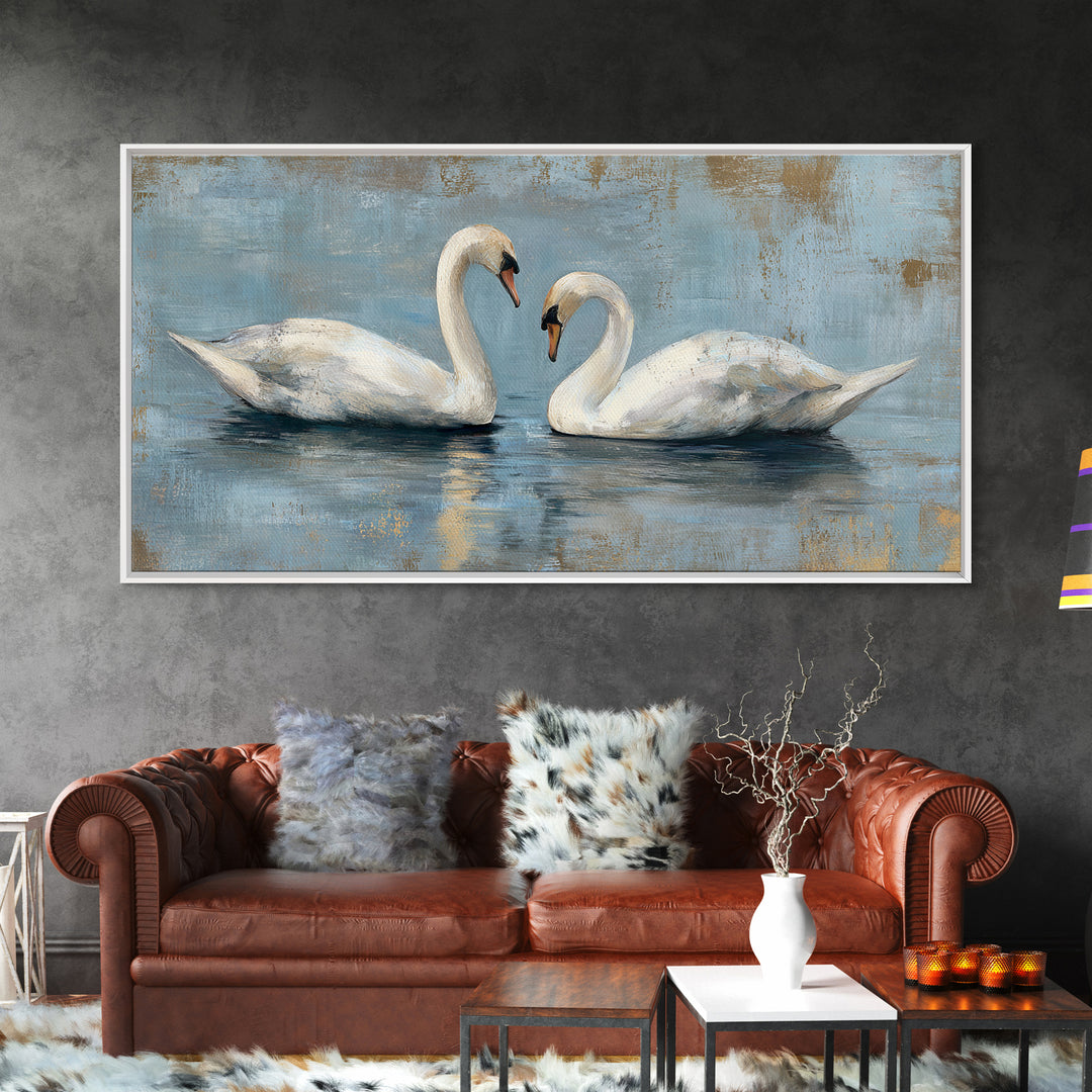 Romantic Swan Pair on Dark Water Framed Canvas Print, Master Bedroom, Art Print, Bedroom Decor, Sanctuary, Above Bed Decor, MAS-2x1-83