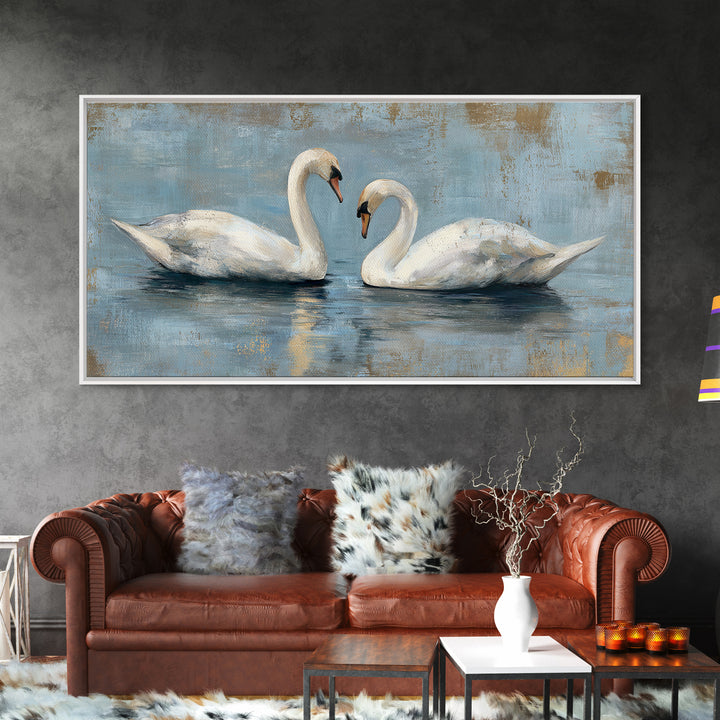 Romantic Swan Pair on Dark Water Framed Canvas Print, Master Bedroom, Art Print, Bedroom Decor, Sanctuary, Above Bed Decor, MAS-2x1-83