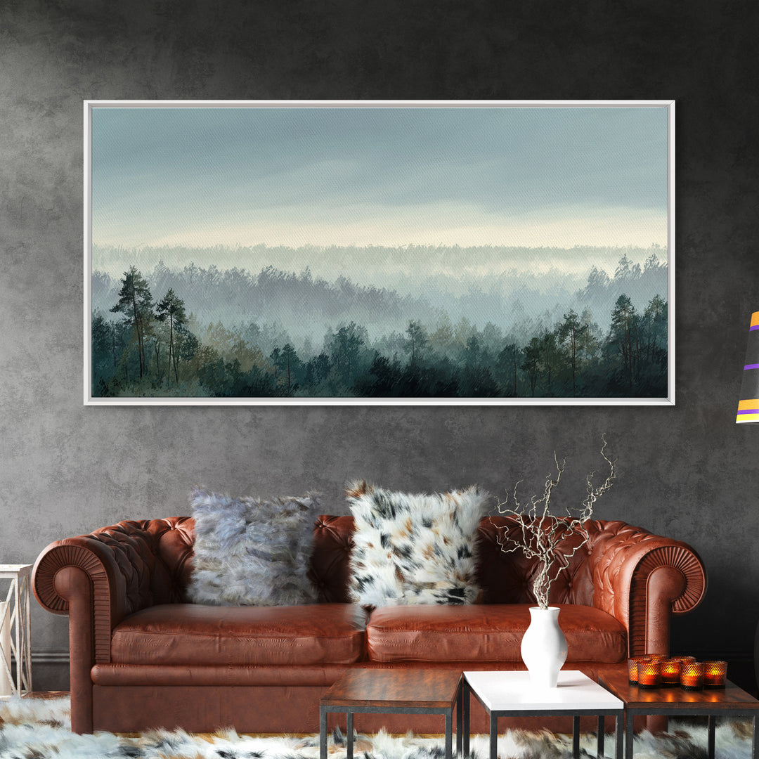 Calm Misty Forest Panorama Framed Canvas Print, Master Bedroom, Wall Decor Bedroom, Bedroom Decor, Fine Art, Sanctuary, MAS-2x1-96