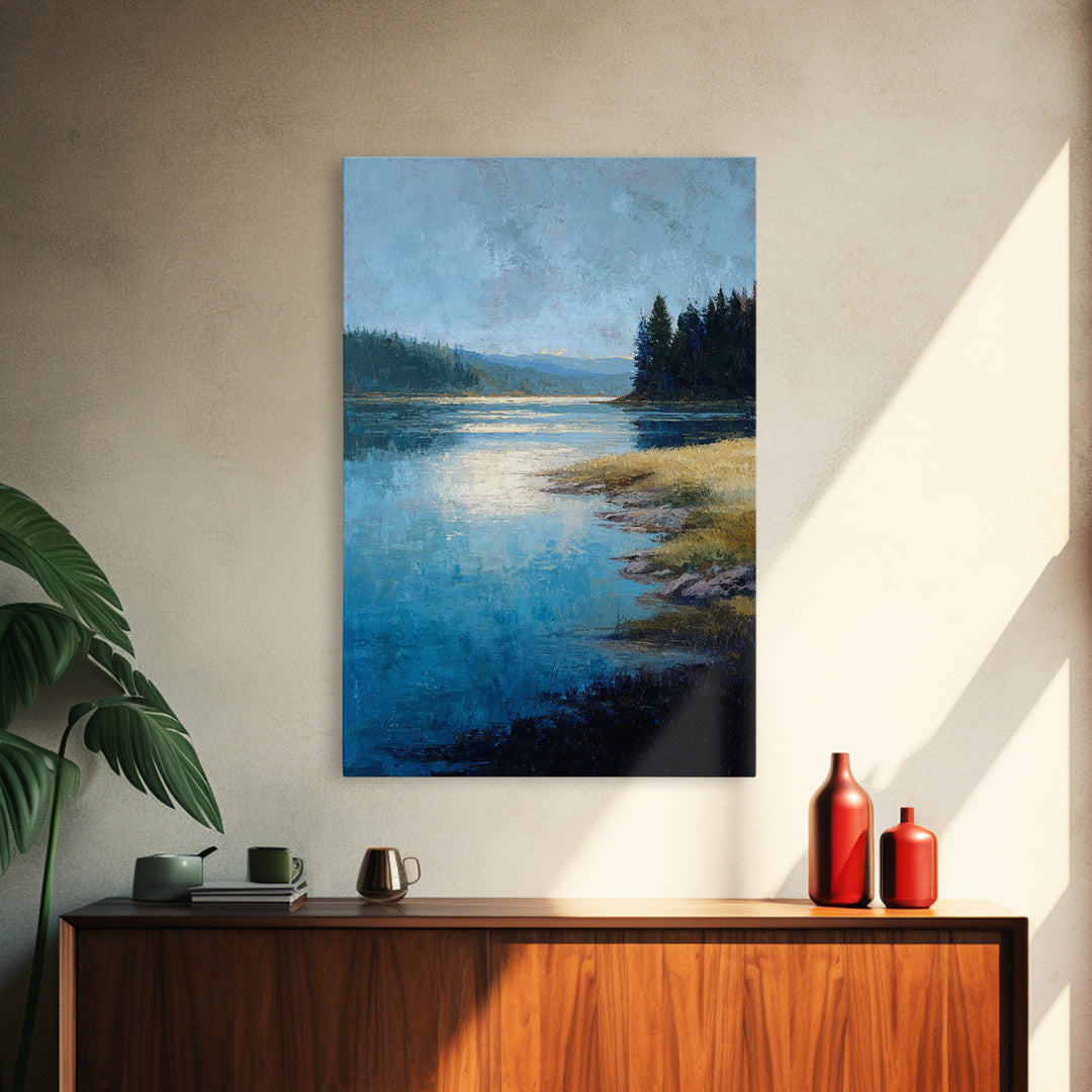 Serene Lake with Pale Morning Reflection Canvas Print, Master Bedroom, Minimalist Decor, Bedroom Decor, Oil Painting, Sanctuary, MAS-2x3-15