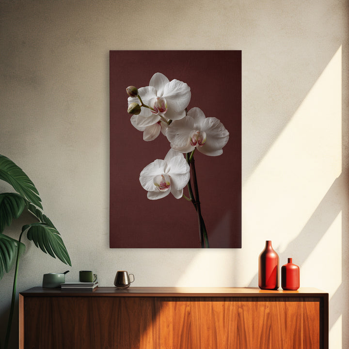 White Orchids Against Warm Gray Background Framed Canvas Print, Master Bedroom, Canvas Print, Bedroom Decor, Abstract Art, MAS-2x3-17