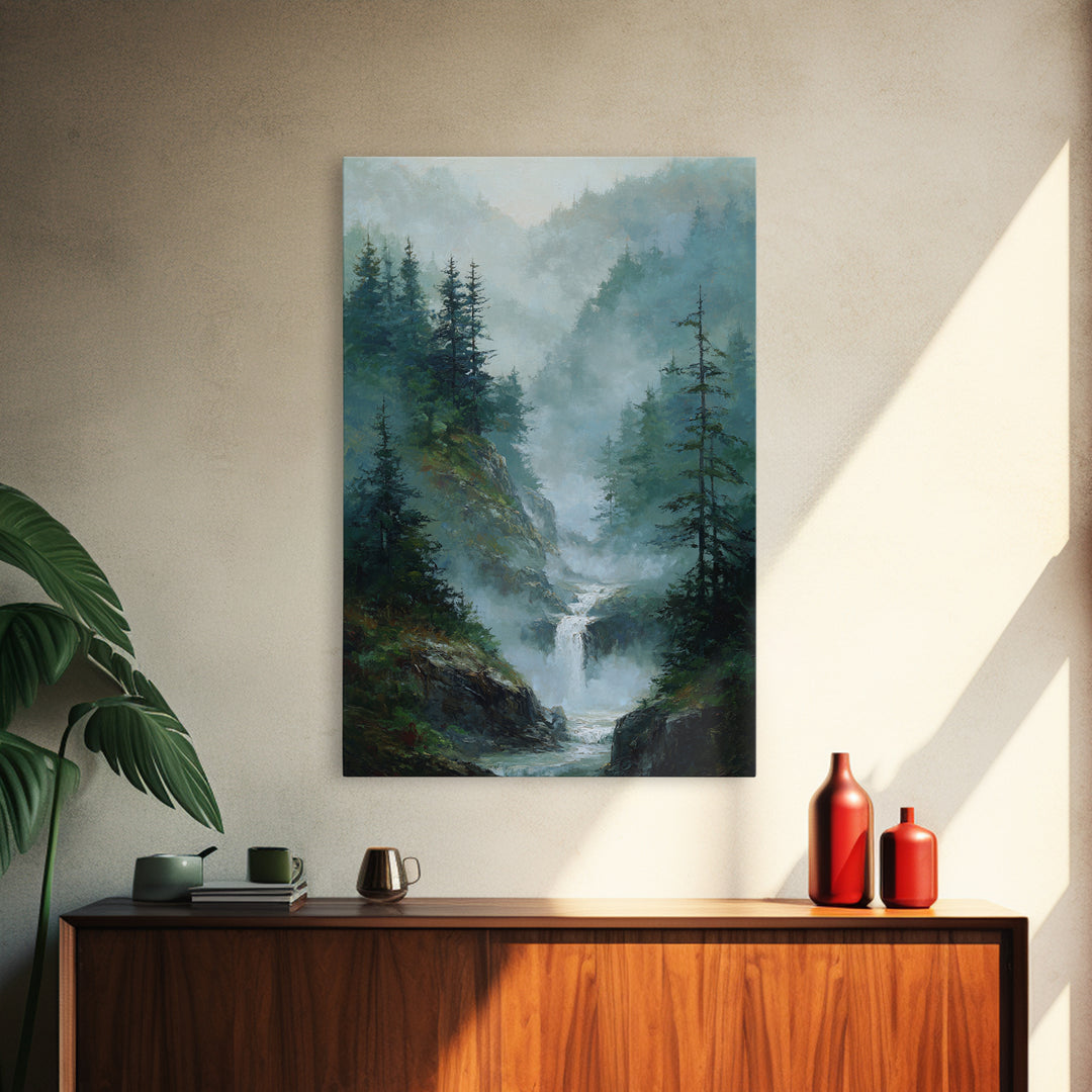 Peaceful Waterfall in Misty Green Forest Framed Canvas Print, Master Bedroom, Room Decor, Bedroom Decor, Fine Art, Sanctuary, MAS-2x3-3