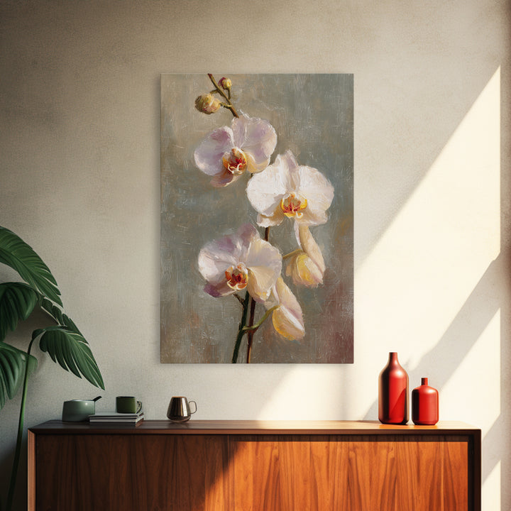 White Orchids Against Warm Gray Background Framed Canvas Print, Master Bedroom, Canvas Print, Bedroom Decor, Abstract Art, MAS-2x3-41