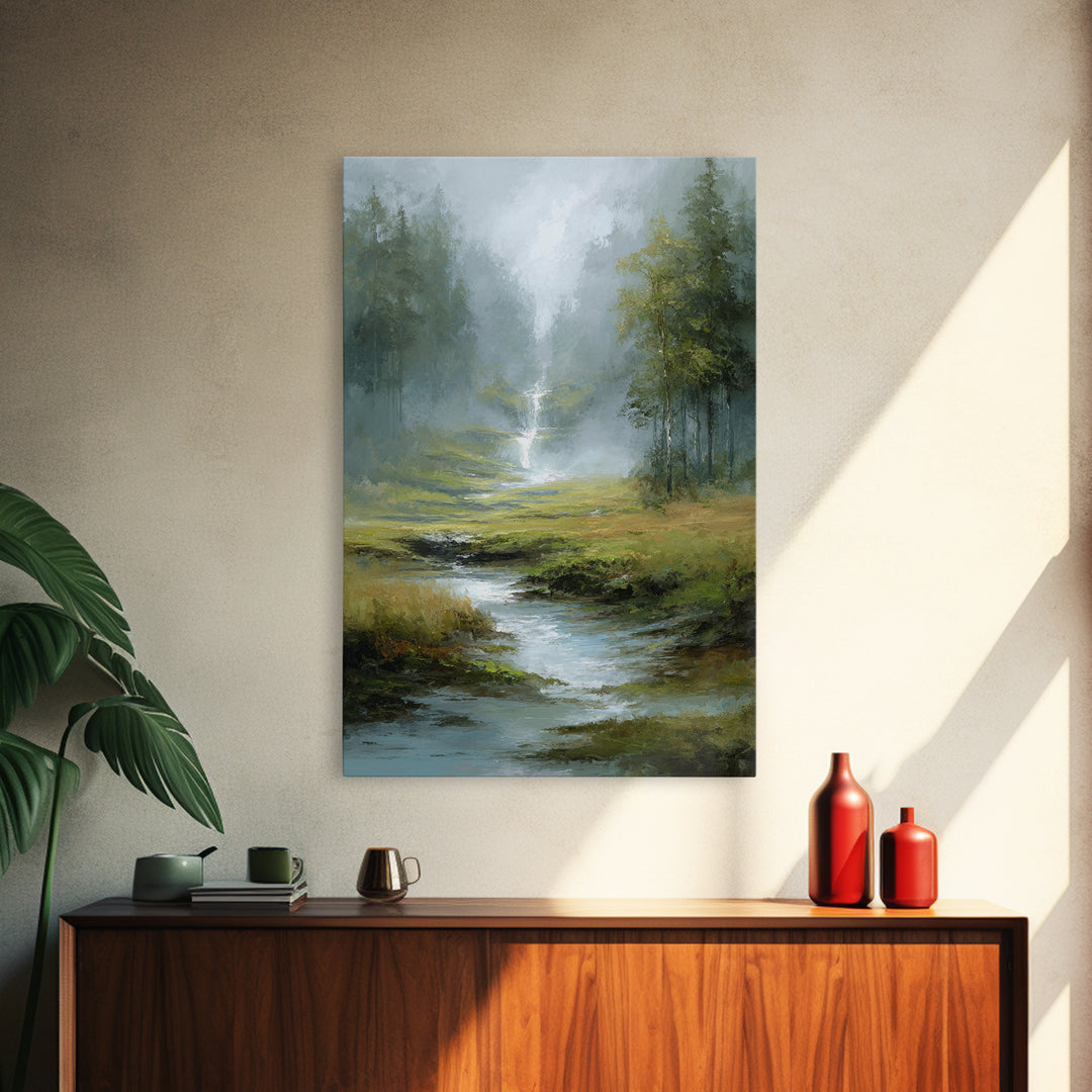 Peaceful Waterfall in Misty Green Forest Framed Canvas Print, Master Bedroom, Wedding Decor, Bedroom Decor, Fine Art, Sanctuary, MAS-2x3-51