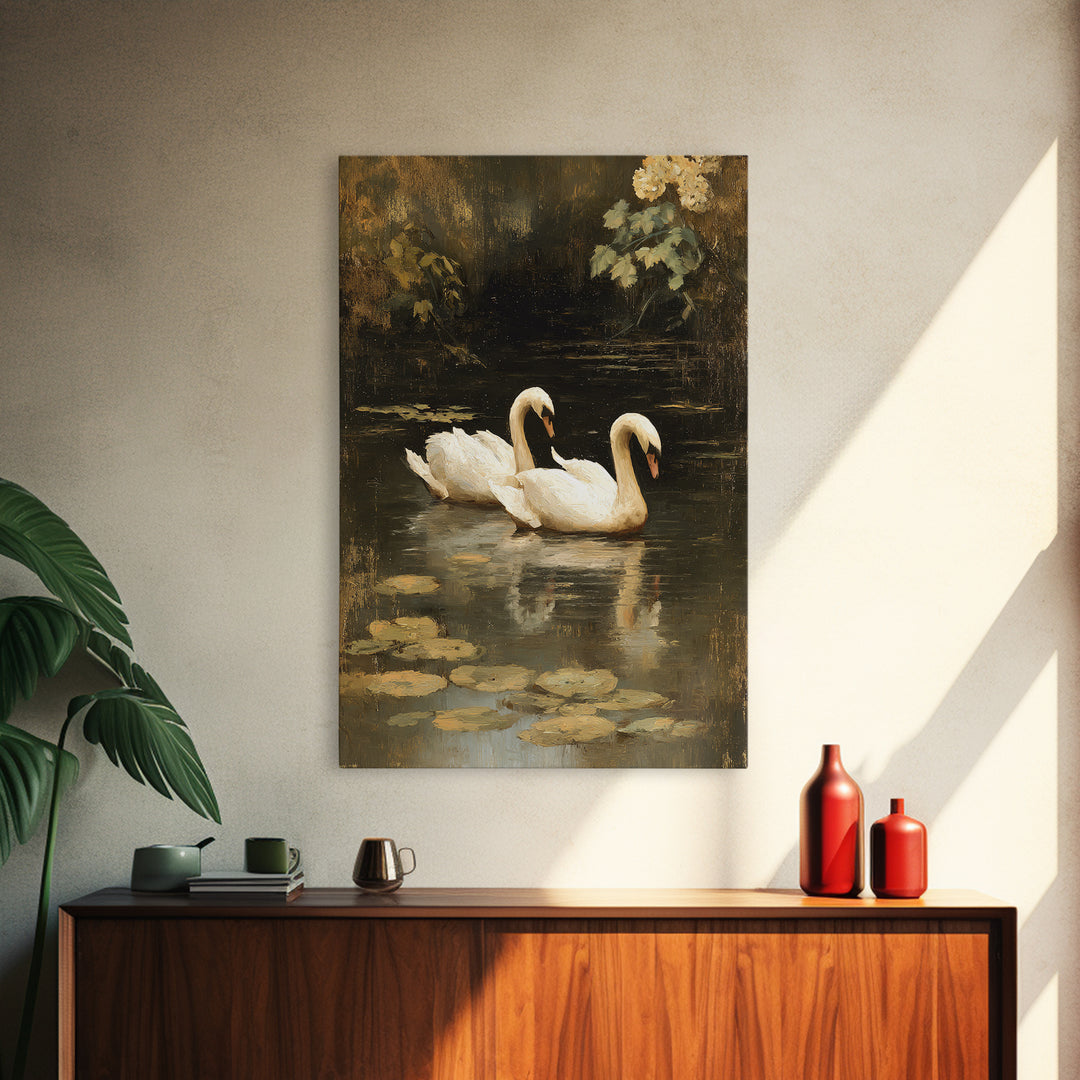 Romantic Swan Pair on Dark Water Canvas Print, Master Bedroom, Over Bed Wall Art, Bedroom Decor, Oil Painting, Sanctuary, MAS-2x3-95