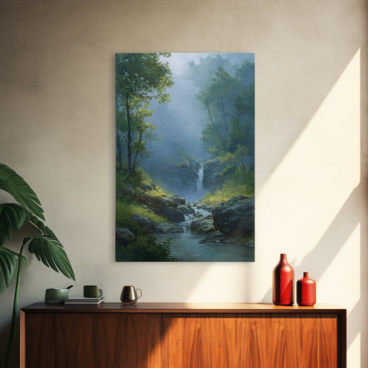 Peaceful Waterfall in Misty Green Forest Canvas Print, Master Bedroom, Above Bed Wall Art, Bedroom Decor, Fine Art, Sanctuary, MAS-2x3-99