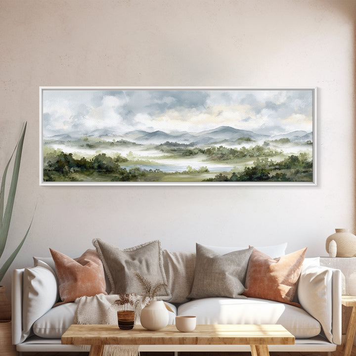 Calm Misty Forest Panorama Canvas Print, Master Bedroom, Above Bed Wall Decor, Bedroom Decor, Oil Painting, Sanctuary, MAS-3x1-20