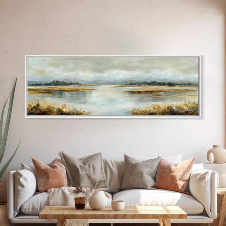 Serene Lake with Pale Morning Reflection Framed Canvas Print, Master Bedroom, Room Decor, Bedroom Decor, Fine Art, Sanctuary, MAS-3x1-23