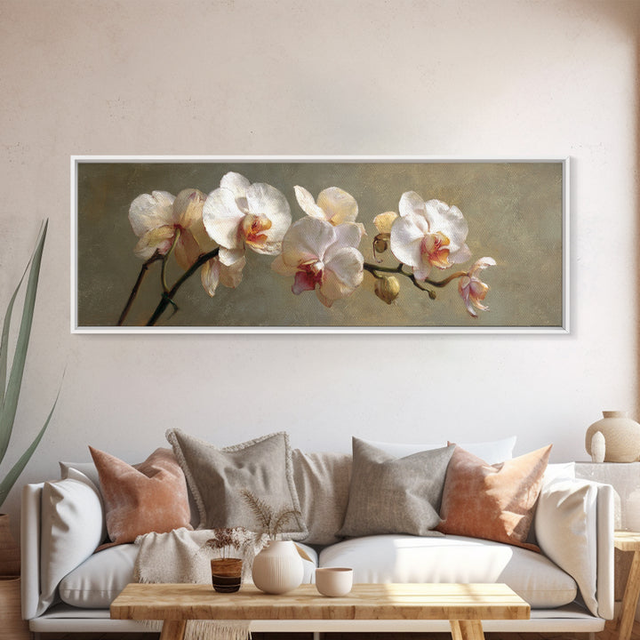 White Orchids Against Warm Gray Background Canvas Print, Master Bedroom, Set of 2 Prints, Bedroom Decor, Abstract Art, MAS-3x1-25