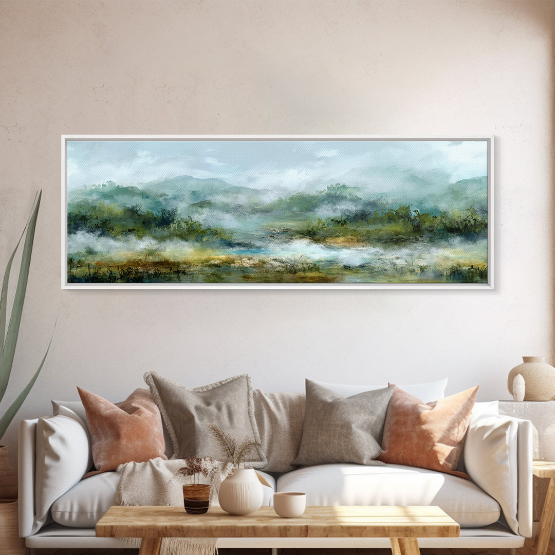 Peaceful Waterfall in Misty Green Forest Canvas Print, Master Bedroom, Minimalist Decor, Bedroom Decor, Oil Painting, Sanctuary, MAS-3x1-35