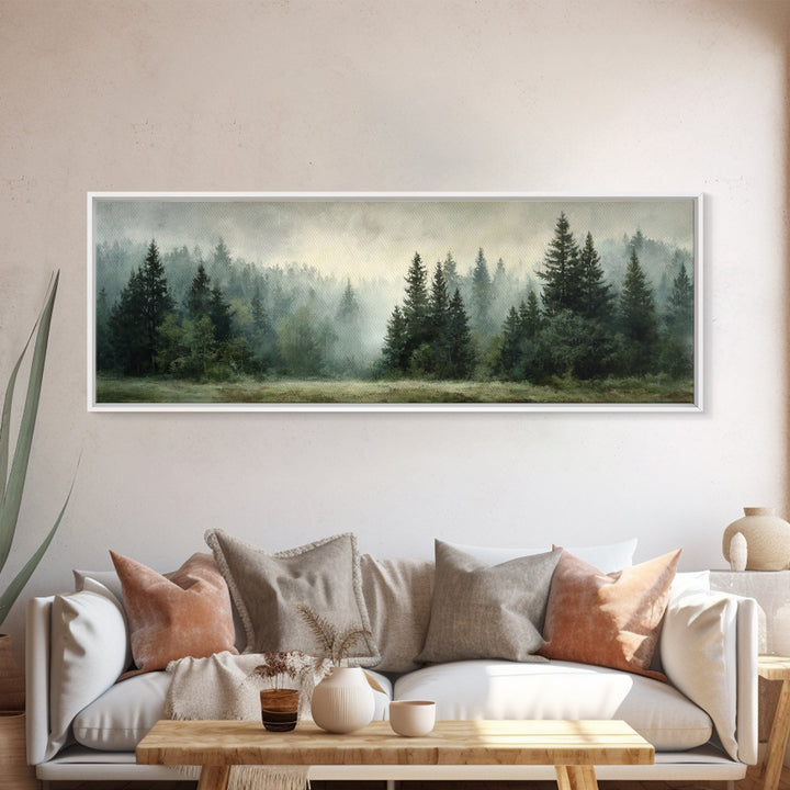 Calm Misty Forest Panorama Framed Canvas Print, Master Bedroom, Modern Decor, Bedroom Decor, Fine Art, Sanctuary, Wall Decor, MAS-3x1-44