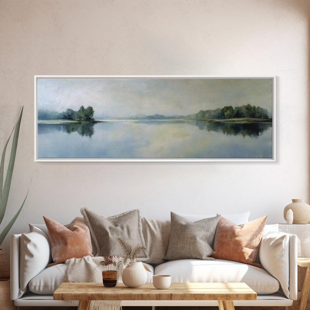 Serene Lake with Pale Morning Reflection Framed Canvas Print, Master Bedroom, Wedding Decor, Bedroom Decor, Fine Art, Sanctuary, MAS-3x1-47