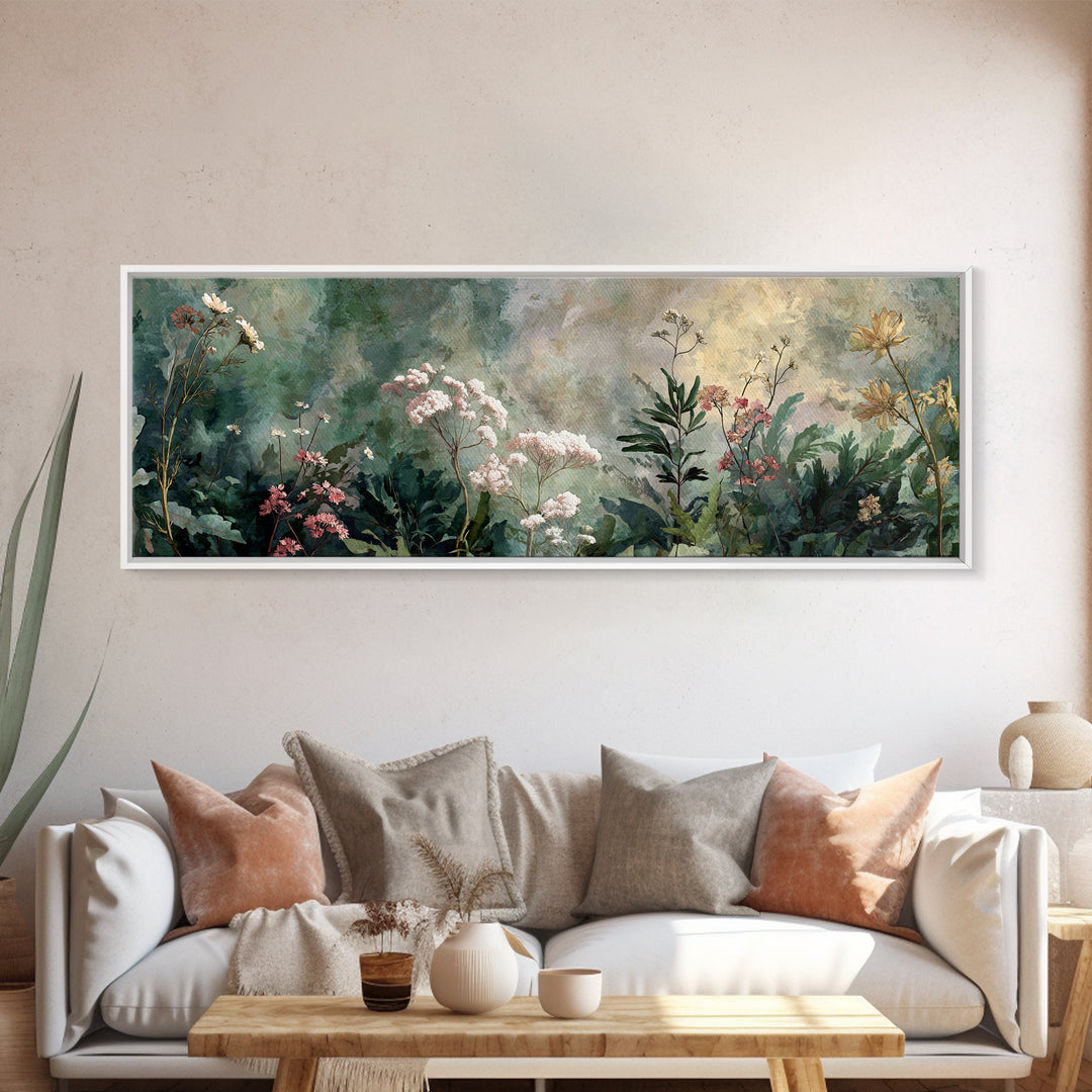 Dreamy Celestial Moon and Botanical Composition Framed Canvas Print, Master Bedroom, Bedroom Decor, Oil Painting, Sanctuary, MAS-3x1-51