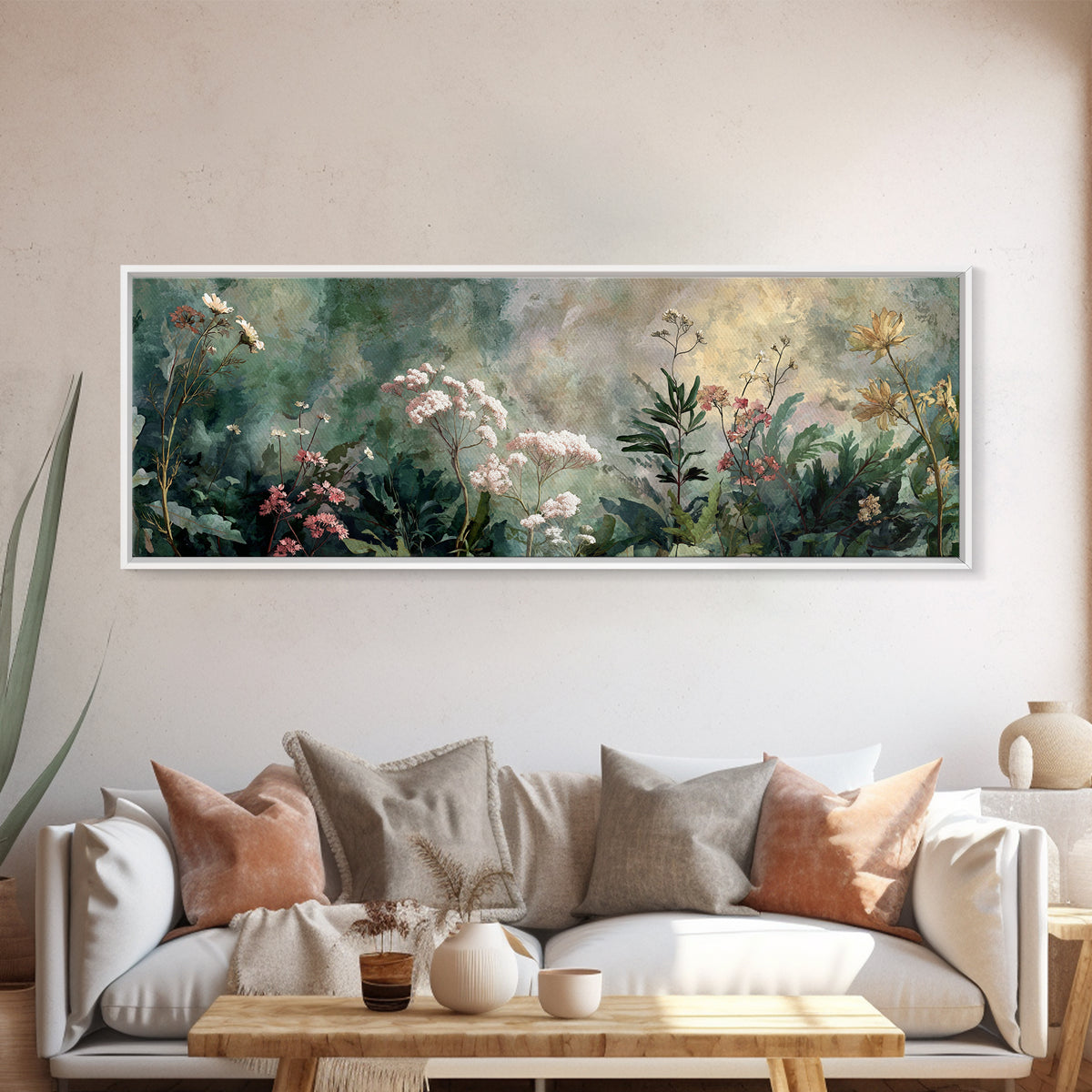 Dreamy Celestial Moon and Botanical Composition Framed Canvas Print, Master Bedroom, Bedroom Decor, Oil Painting, Sanctuary, MAS-3x1-51