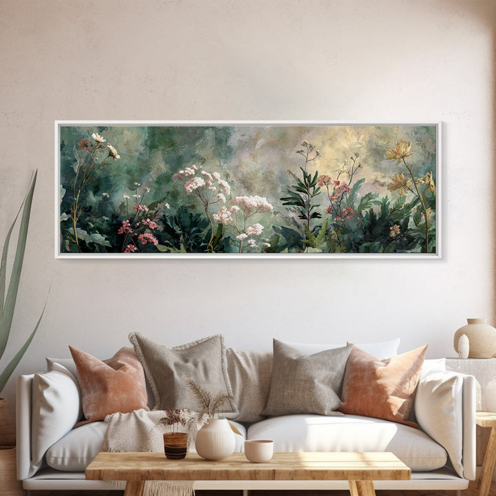 Dreamy Celestial Moon and Botanical Composition Framed Canvas Print, Master Bedroom, Bedroom Decor, Oil Painting, Sanctuary, MAS-3x1-51