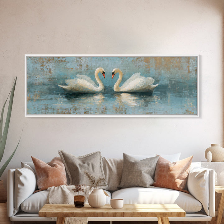 Romantic Swan Pair on Dark Water Framed Canvas Print, Master Bedroom, Art Print, Bedroom Decor, Sanctuary, Above Bed Decor, MAS-3x1-55