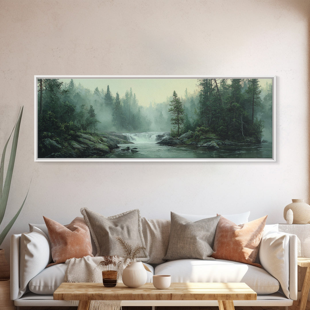 Peaceful Waterfall in Misty Green Forest Framed Canvas Print, Master Bedroom, Printable Wall Art, Bedroom Decor, Sanctuary, MAS-3x1-59
