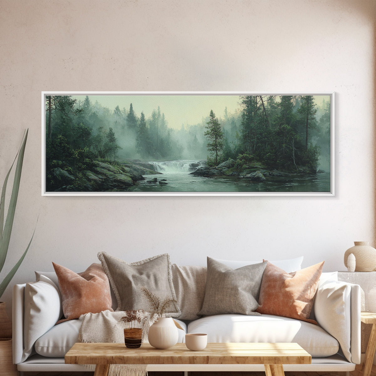 Peaceful Waterfall in Misty Green Forest Framed Canvas Print, Master Bedroom, Printable Wall Art, Bedroom Decor, Sanctuary, MAS-3x1-59