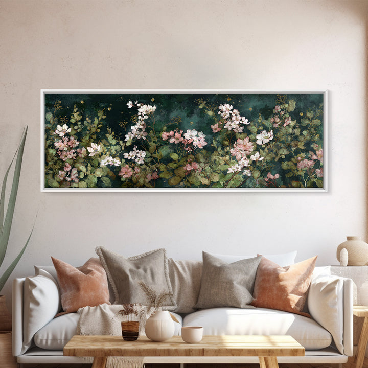 Night Garden with Pale Flowers and Stars Framed Canvas Print, Master Bedroom, Bedroom Decor, Watercolor Art, Sanctuary, MAS-3x1-63