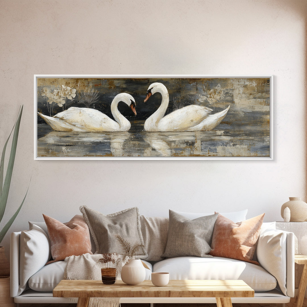 Romantic Swan Pair on Dark Water Framed Canvas Print, Master Bedroom, Statement Artwork, Bedroom Decor, Fine Art, Sanctuary, MAS-3x1-7