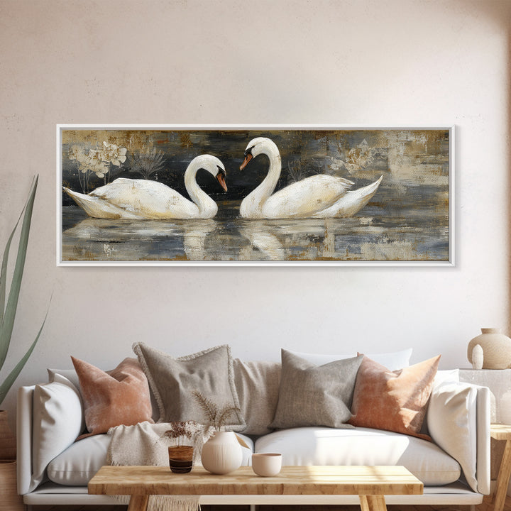 Romantic Swan Pair on Dark Water Framed Canvas Print, Master Bedroom, Statement Artwork, Bedroom Decor, Fine Art, Sanctuary, MAS-3x1-7