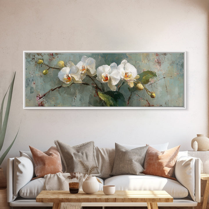 White Orchids Against Warm Gray Background Framed Canvas Print, Master Bedroom, Neutral Decor, Bedroom Decor, Sanctuary, MAS-3x1-73