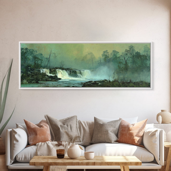 Peaceful Waterfall in Misty Green Forest Canvas Print, Master Bedroom, Printable Art, Bedroom Decor, Fine Art, Sanctuary, MAS-3x1-83