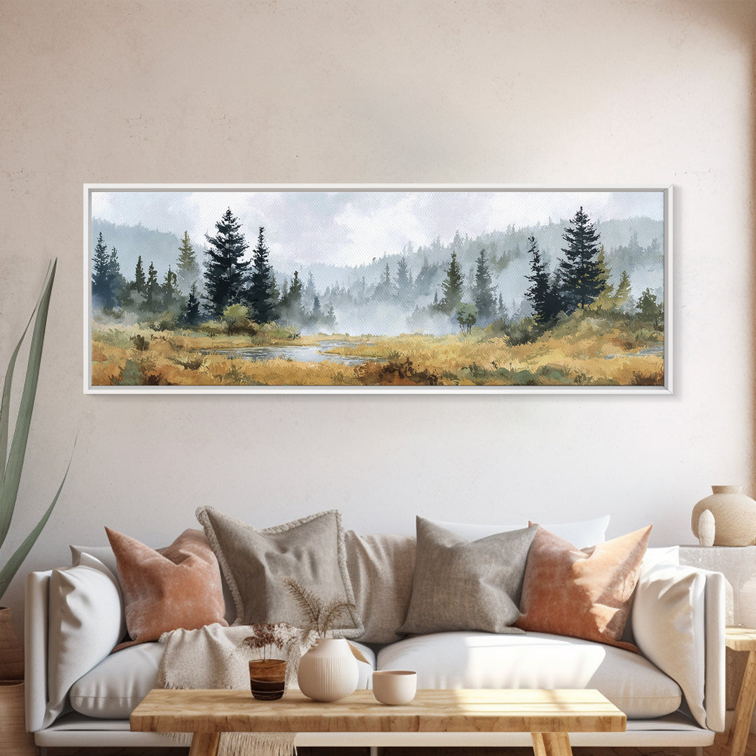 Calm Misty Forest Panorama Canvas Print, Master Bedroom, Wedding Decor, Bedroom Decor, Fine Art, Sanctuary, Rustic Home Decor, MAS-3x1-92