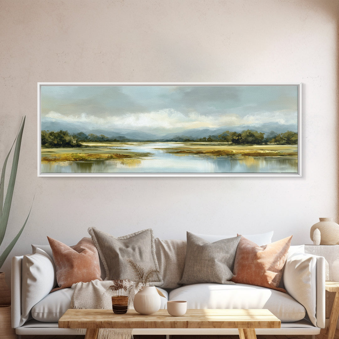 Serene Lake with Pale Morning Reflection Canvas Print, Master Bedroom, Wedding Decor, Bedroom Decor, Fine Art, Sanctuary, MAS-3x1-95