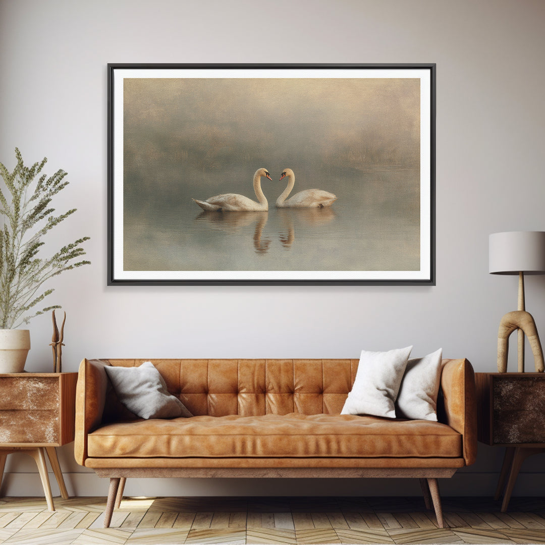 Romantic Swan Pair on Dark Water Framed Canvas Print, Master Bedroom, Statement Artwork, Bedroom Decor, Fine Art, Sanctuary, MAS-3x2-19