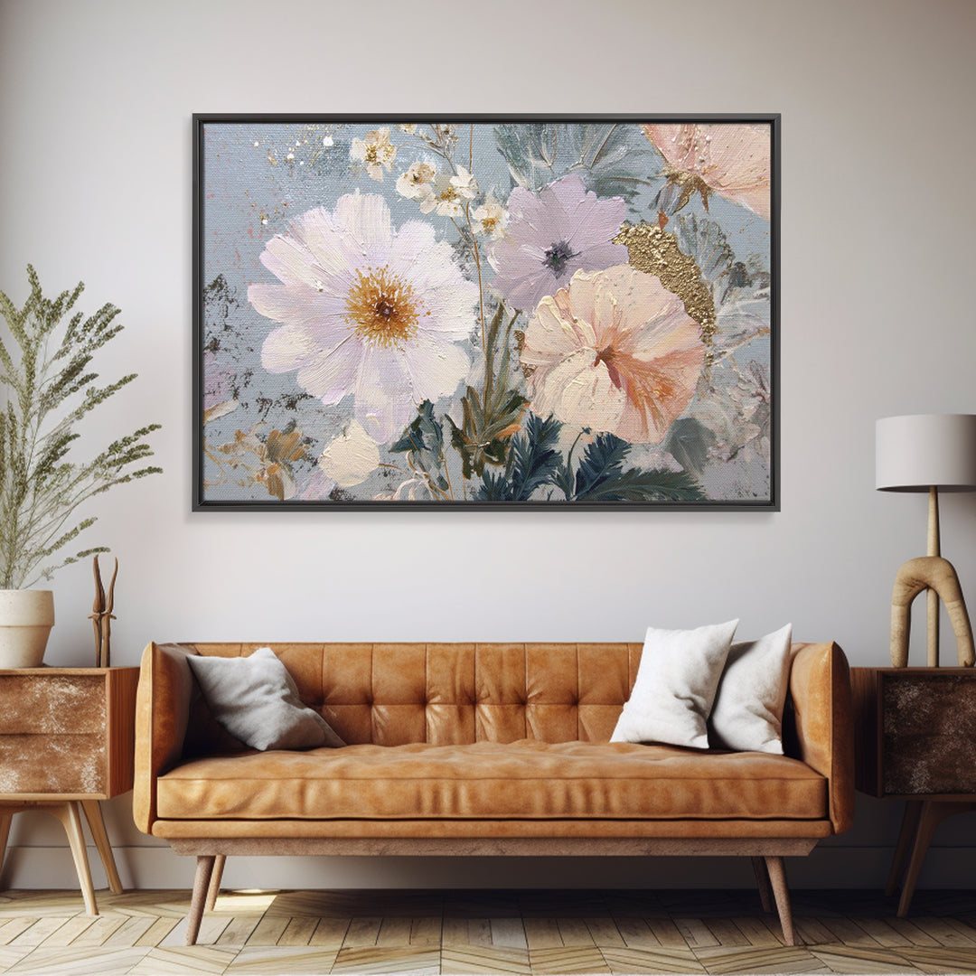 Night Garden with Pale Flowers and Stars Framed Canvas Print, Master Bedroom, Gallery Decor, Bedroom Decor, Fine Art, Sanctuary, MAS-3x2-27