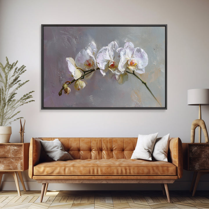 White Orchids Against Warm Gray Background Canvas Print, Master Bedroom, Over Bed Wall Art, Bedroom Decor, Oil Painting, MAS-3x2-37