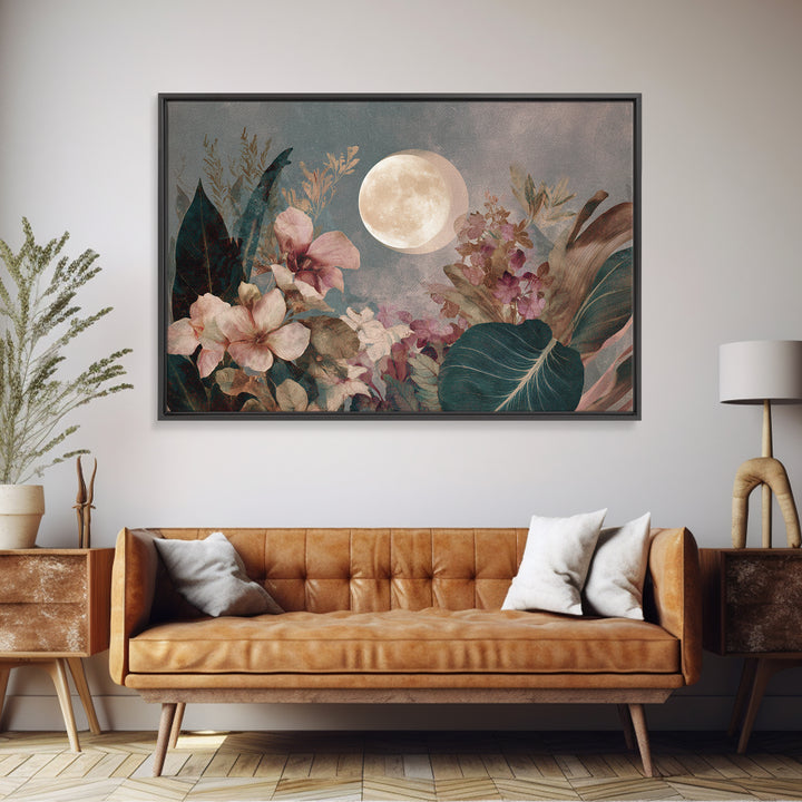 Dreamy Celestial Moon and Botanical Composition Canvas Print, Master Bedroom, Contemporary Art, Bedroom Decor, Sanctuary, MAS-3x2-39